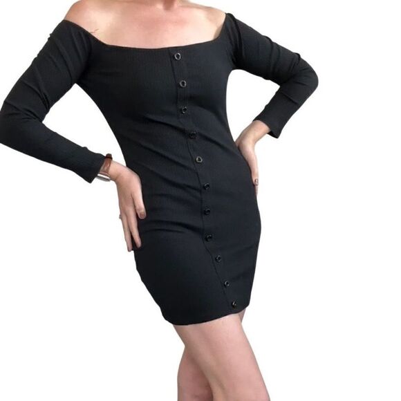 Lunik Women's Black Ribbed Bodycon Off Shoulder Button Down Long Sleeve Dress  L - Picture 1 of 12
